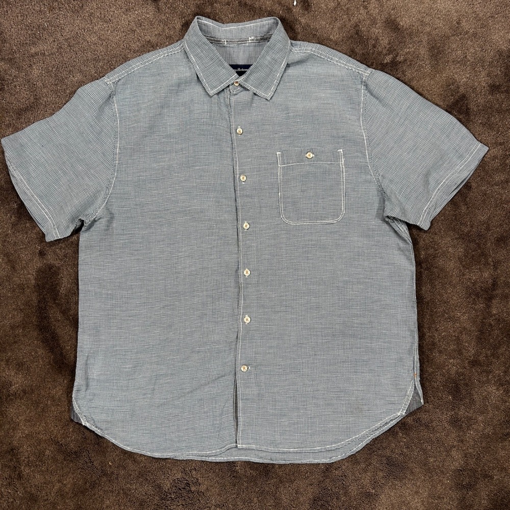 Tommy Bahama Mens XL Blue Gingham Linen Tencel Short Sleeve Shirt T317359